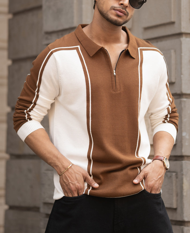 Brown-White Colour Blocked Polo T-Shirt