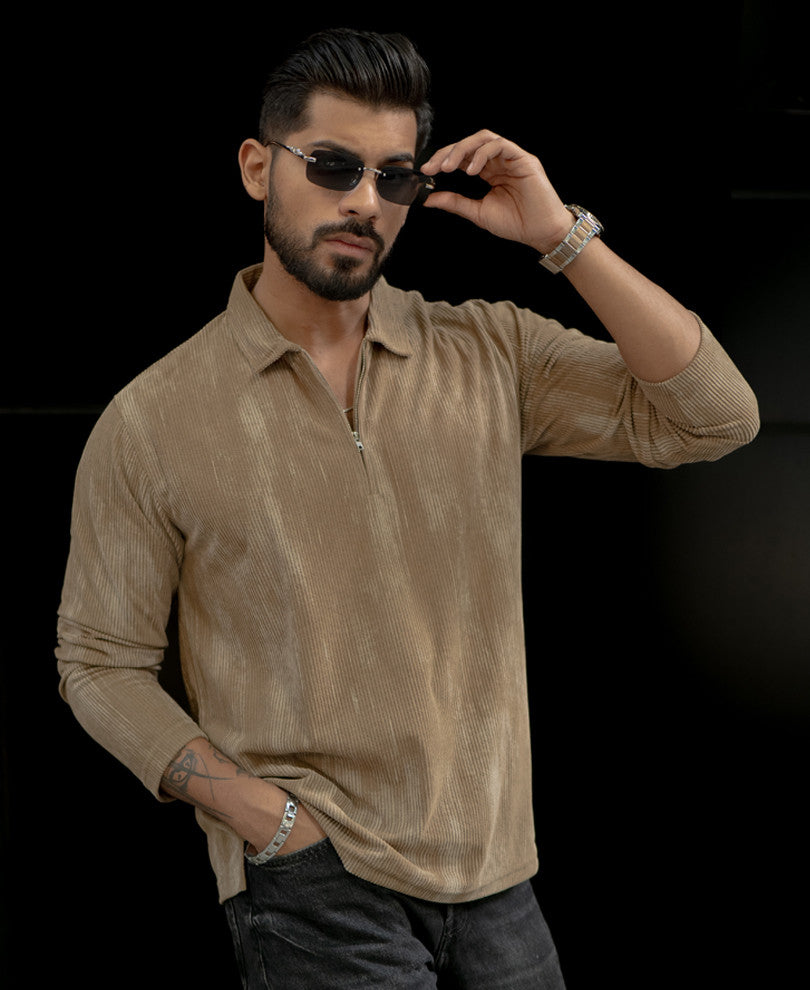 Beige Regular Fit With Zip Full Sleeves T-Shirt