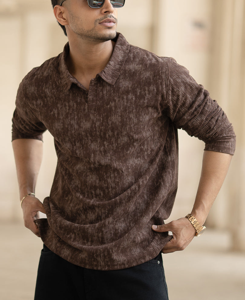 Brown Corduroy Full Sleeves Regular Fit T-Shirt