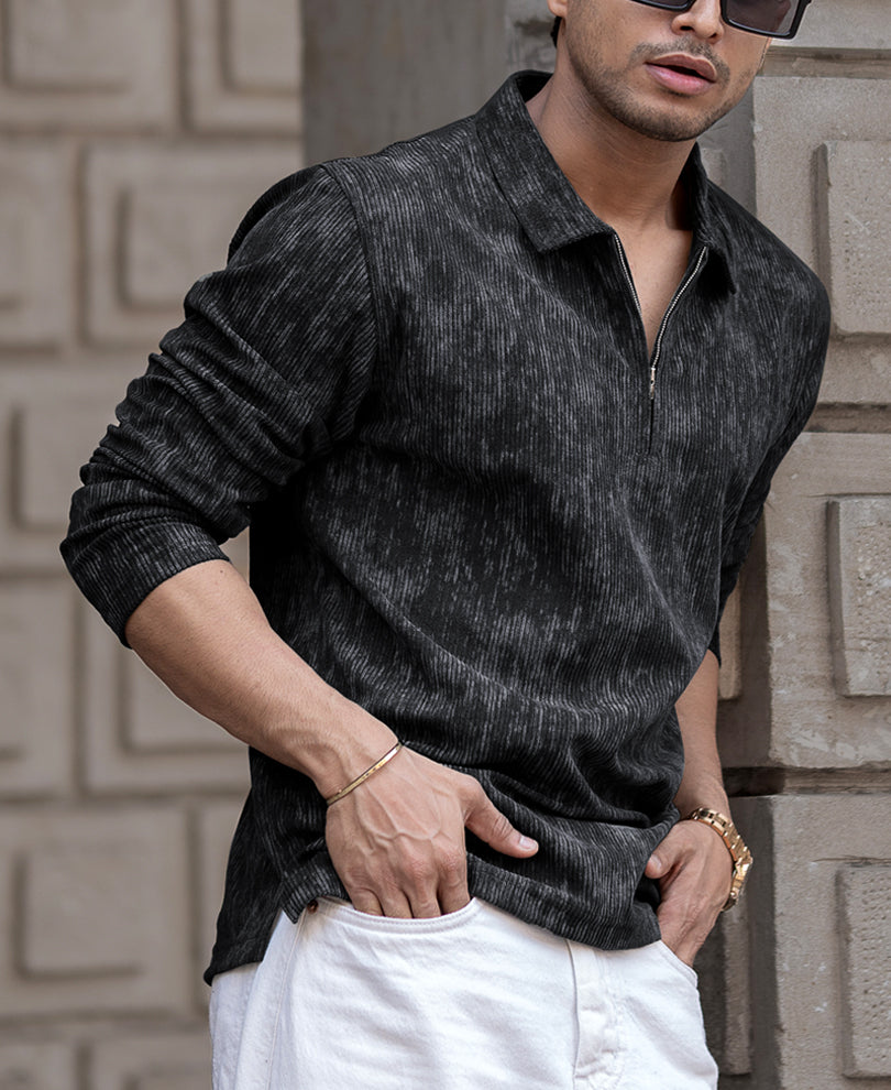 Black Structured Full Sleeves T-Shirt