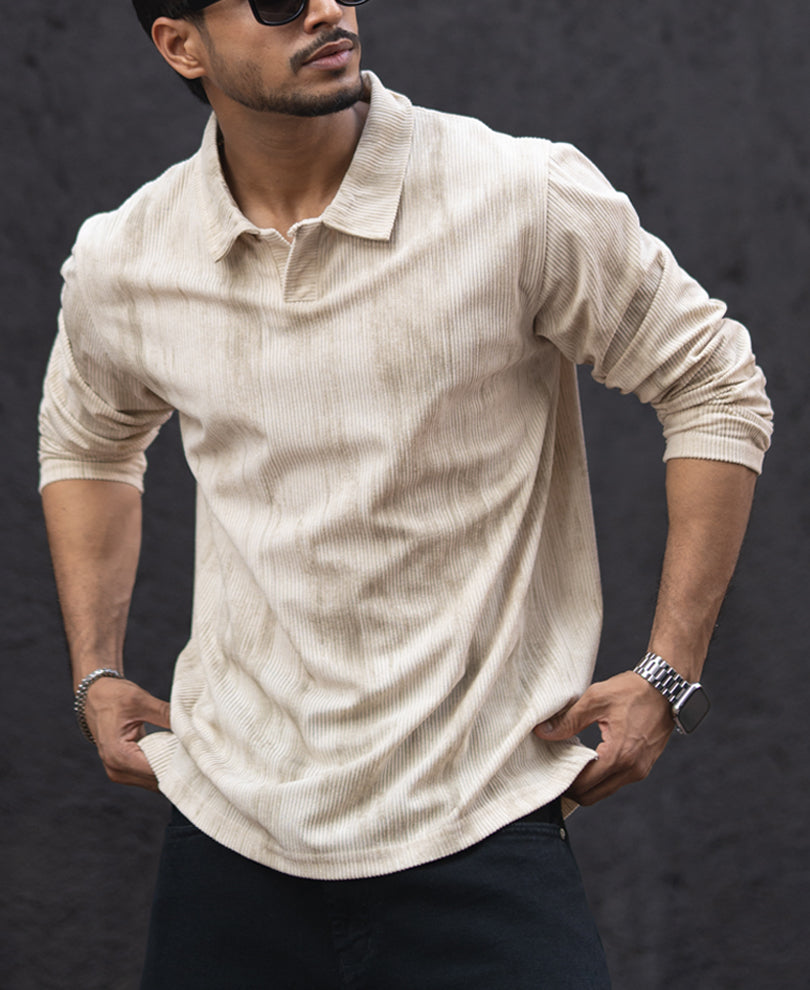Cream Structured Regular Fit Full Sleeves T-Shirt