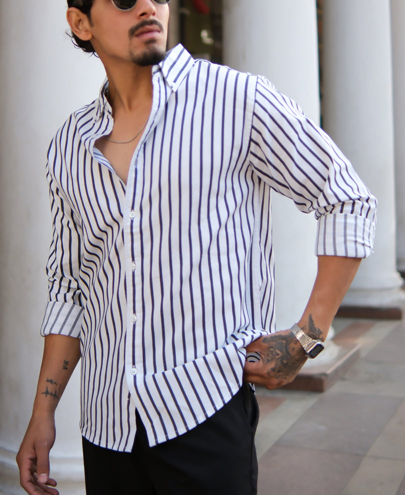 White And Black Stripes Regular Fit Full Sleeves Shirt