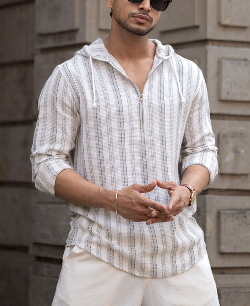 Grey Structured Stripe Hoodie Shirt