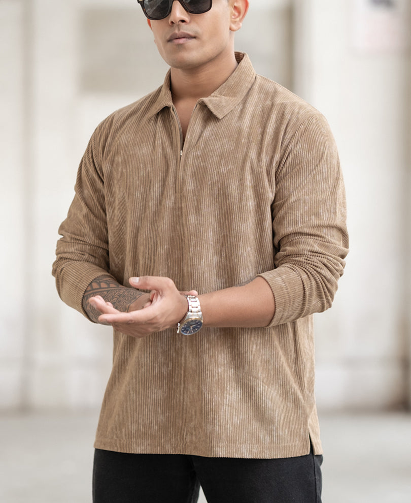 Beige Corduroy Regular Fit T-Shirt