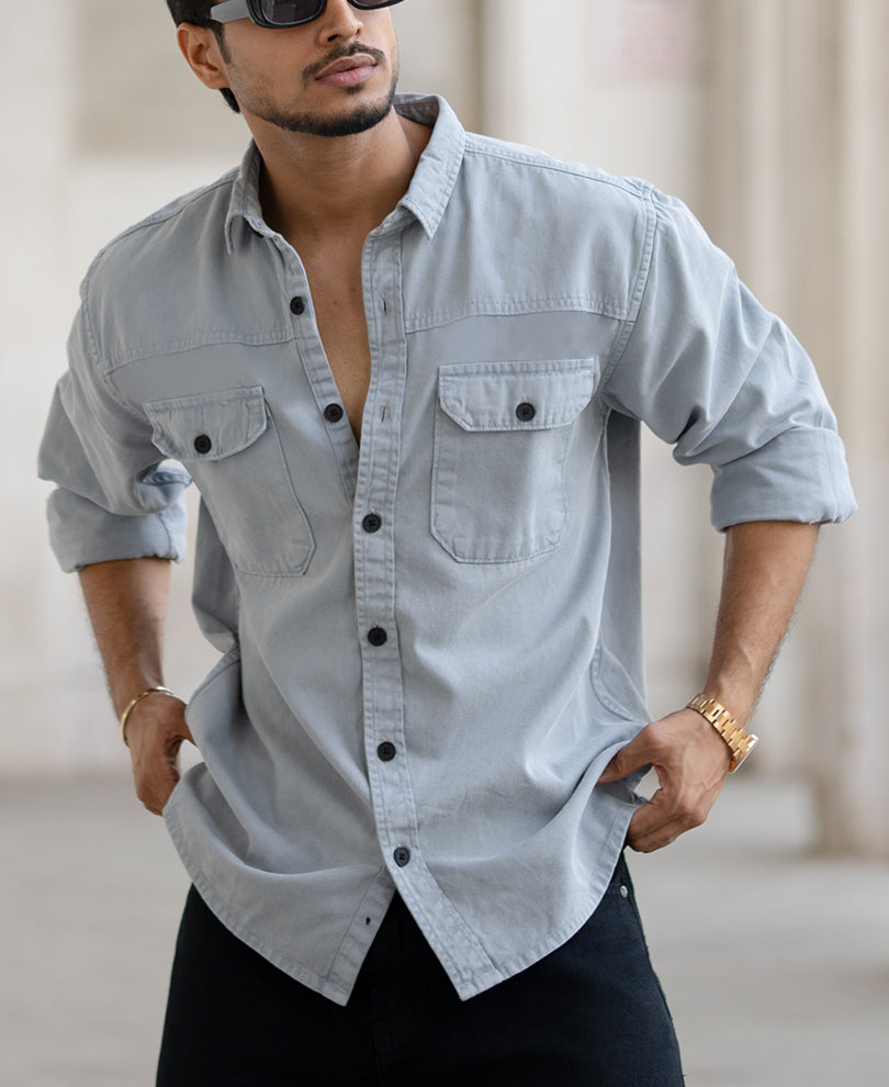 Light Grey Denim Regular Fit Full Sleeves Shirt