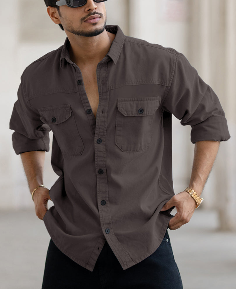 Dark Grey Denim Regular Fit Full Sleeves Shirt