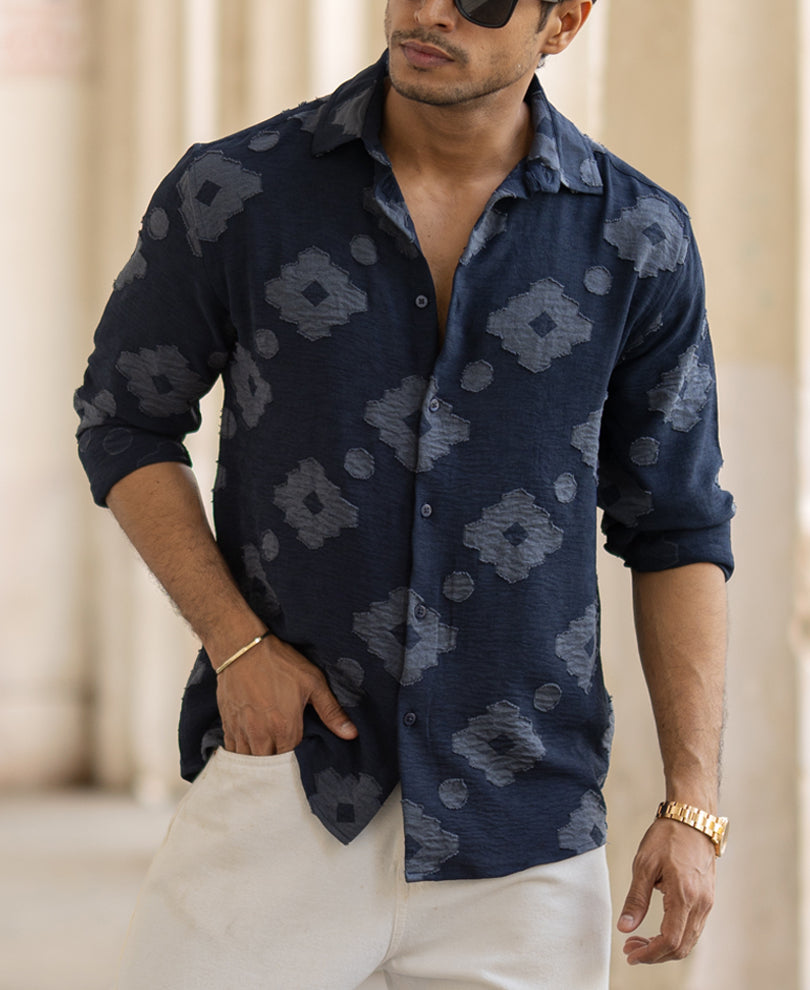 Navy Geometric Jacquard Shirt