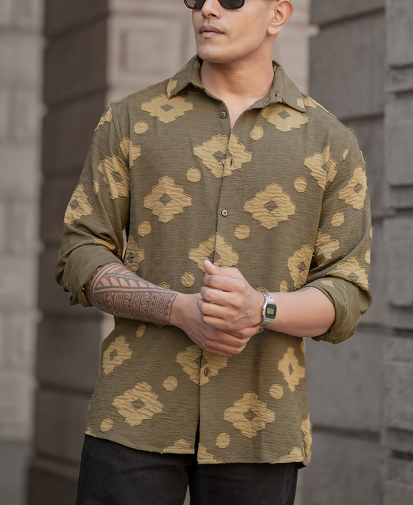 Olive Geometric Jacquard Shirt