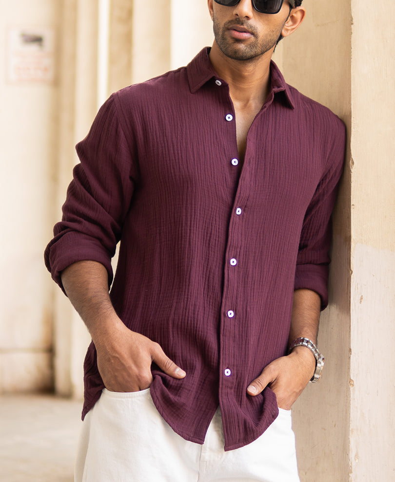 Wine Regular Fit Full Sleeves Structured Shirt