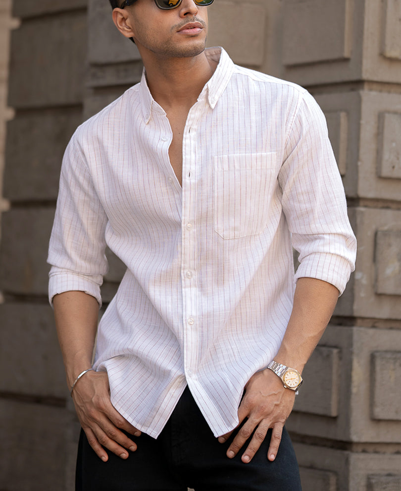 White And Beige Full Sleeves Regular Fit Shirt