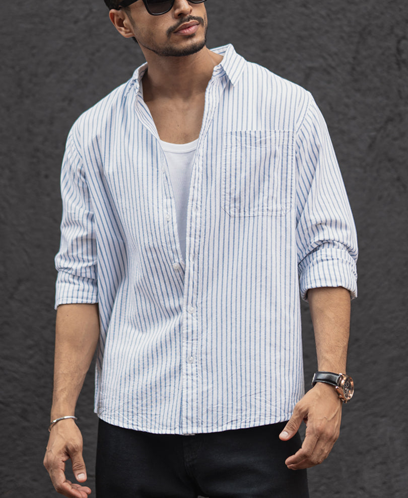 White And Sky Blue Stripes Regular Fit Full Sleeves Shirt