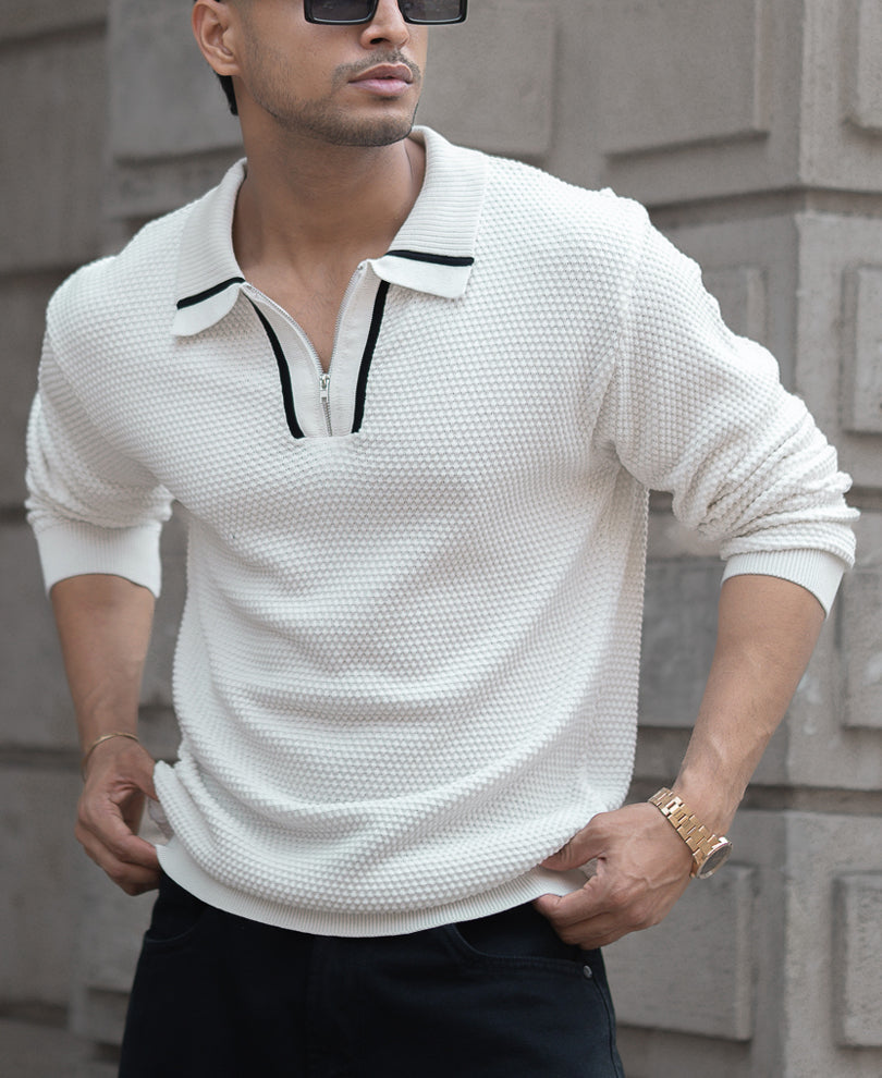 White Regular Fit Full Sleeves Collar T-Shirt