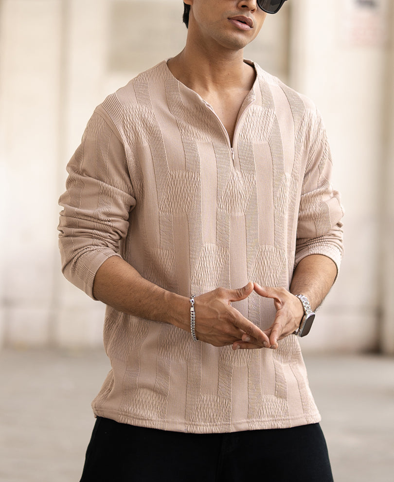 Beige Regular Fit Full Sleeves T-Shirt