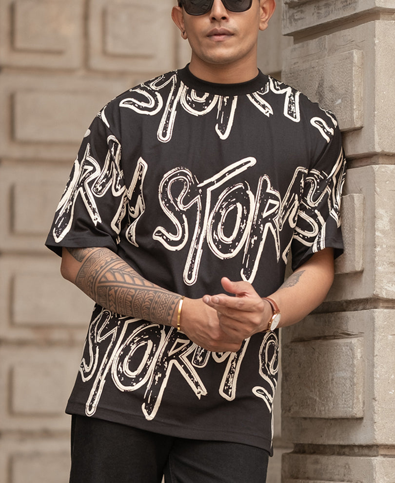 Black Storm Printed Oversized Half Sleeves T-Shirt