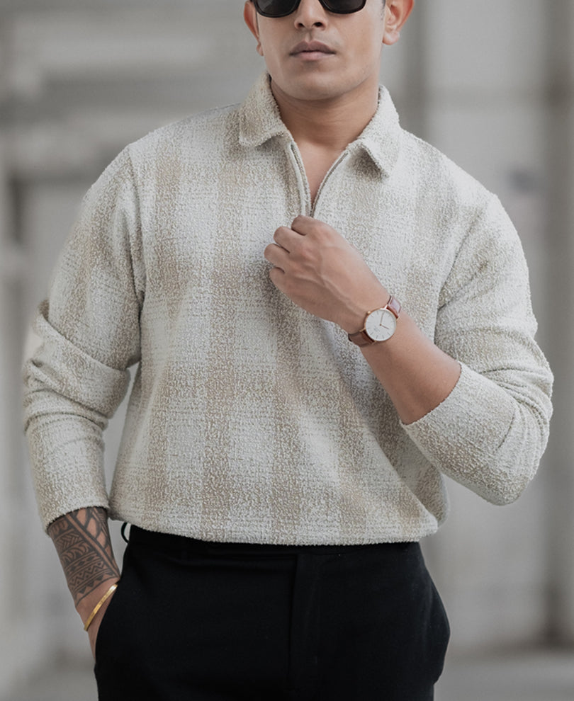 Beige Structured Full Sleeves Regular Fit T-Shirt