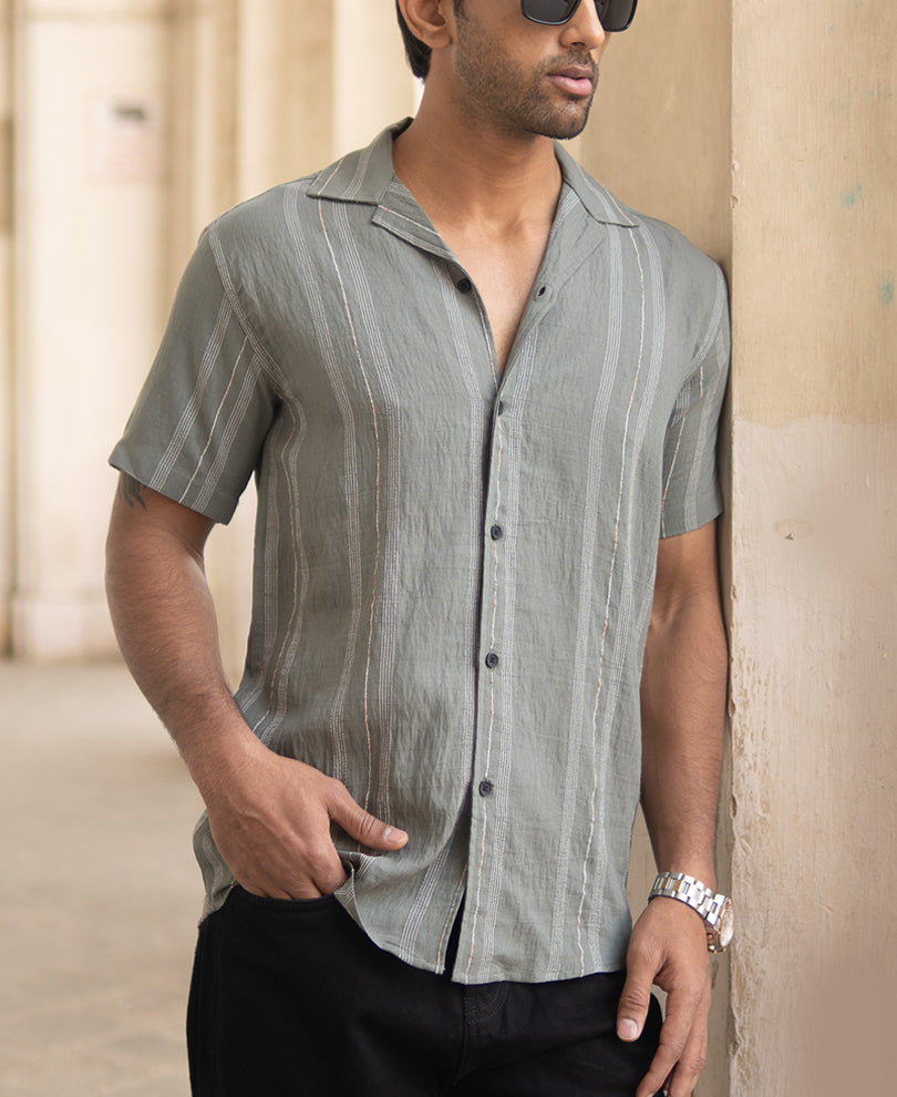 Green Micro Striped Flowy Shirt