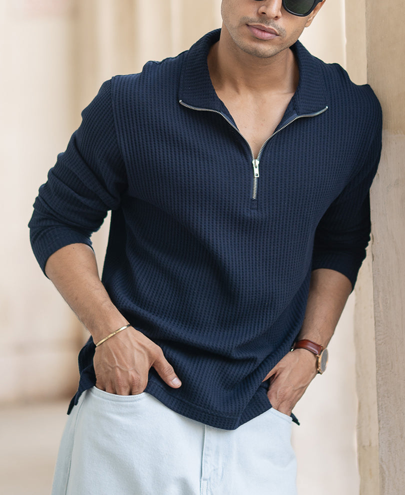 Navy Zip Polo T-Shirt