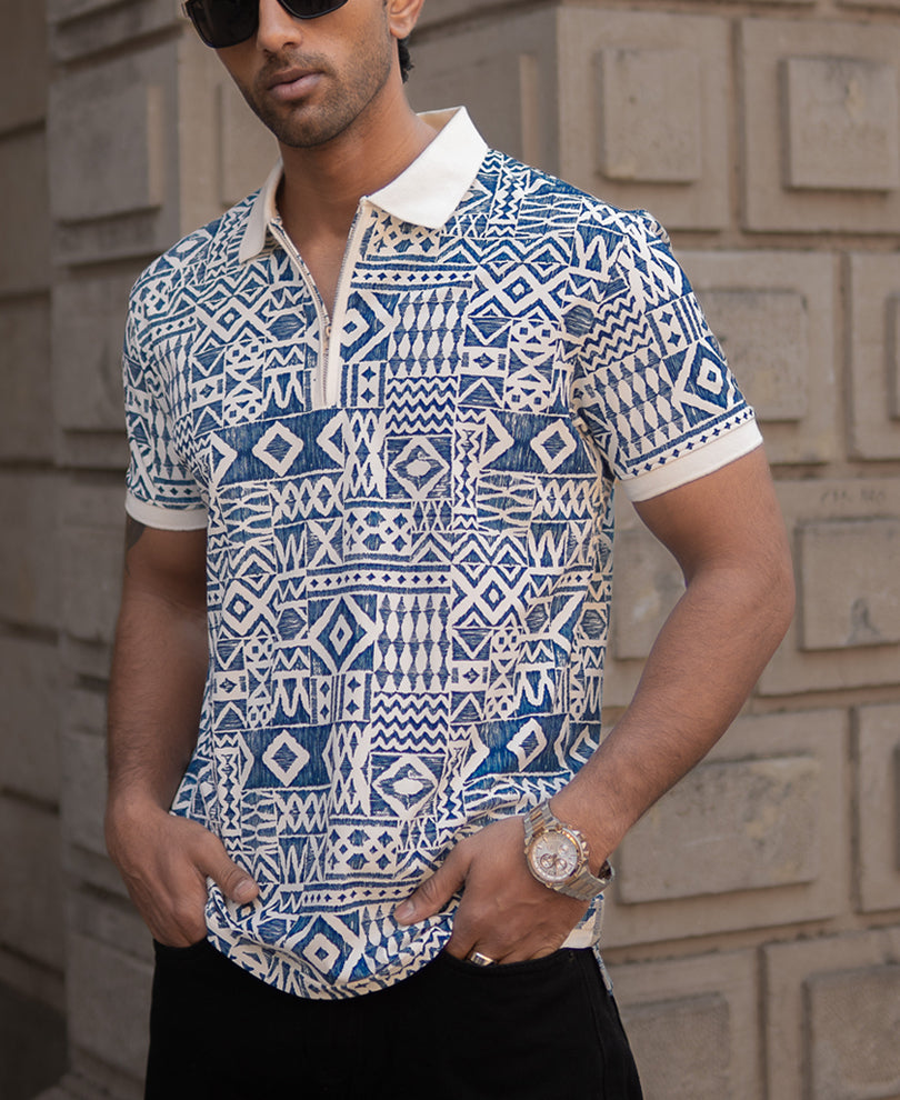 Blue Geometric Print Polo T-Shirt