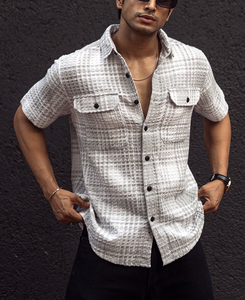 Grey and Off White Regular Fit Waffle Checks Shirt