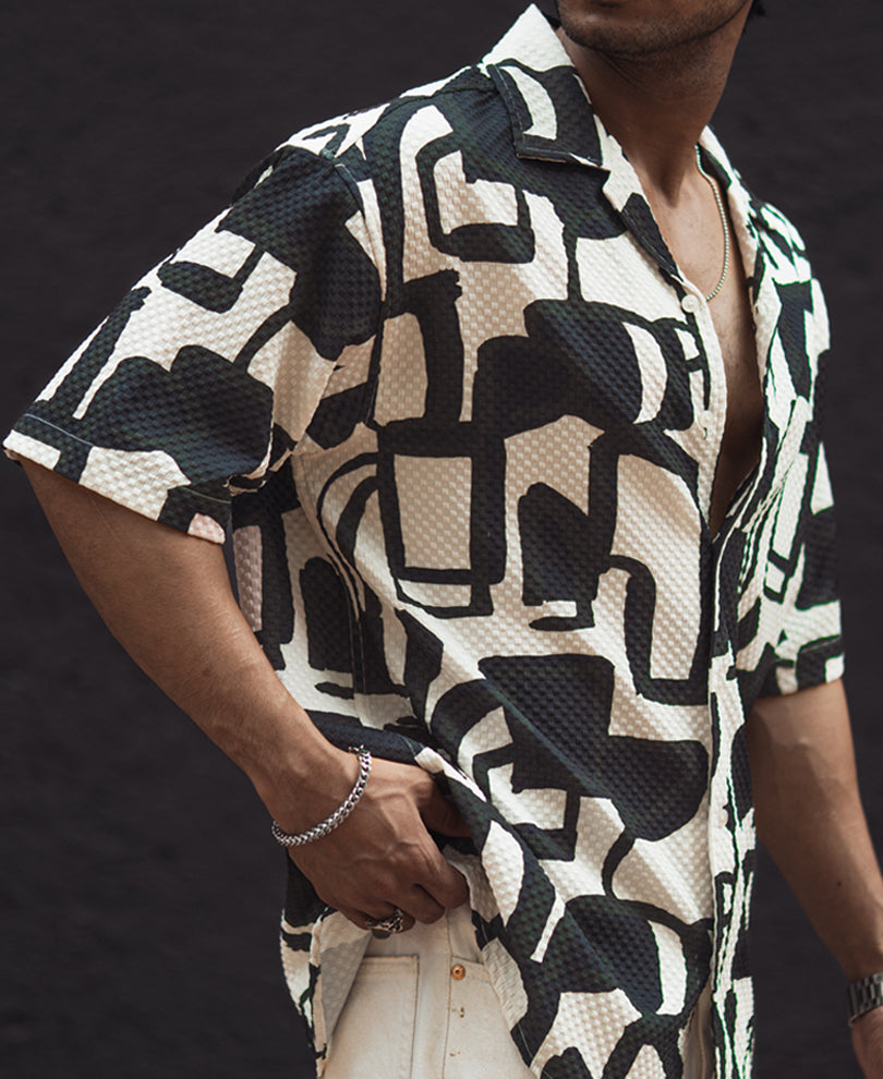 Black and White Structured Printed Half Sleeves Oversized Shirt