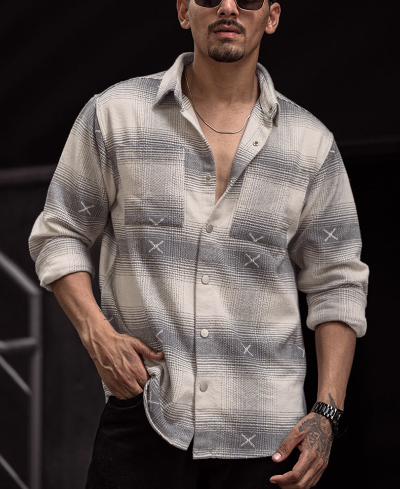 Grey and Off White Flannel Regular Fit Full Sleeves Shirt