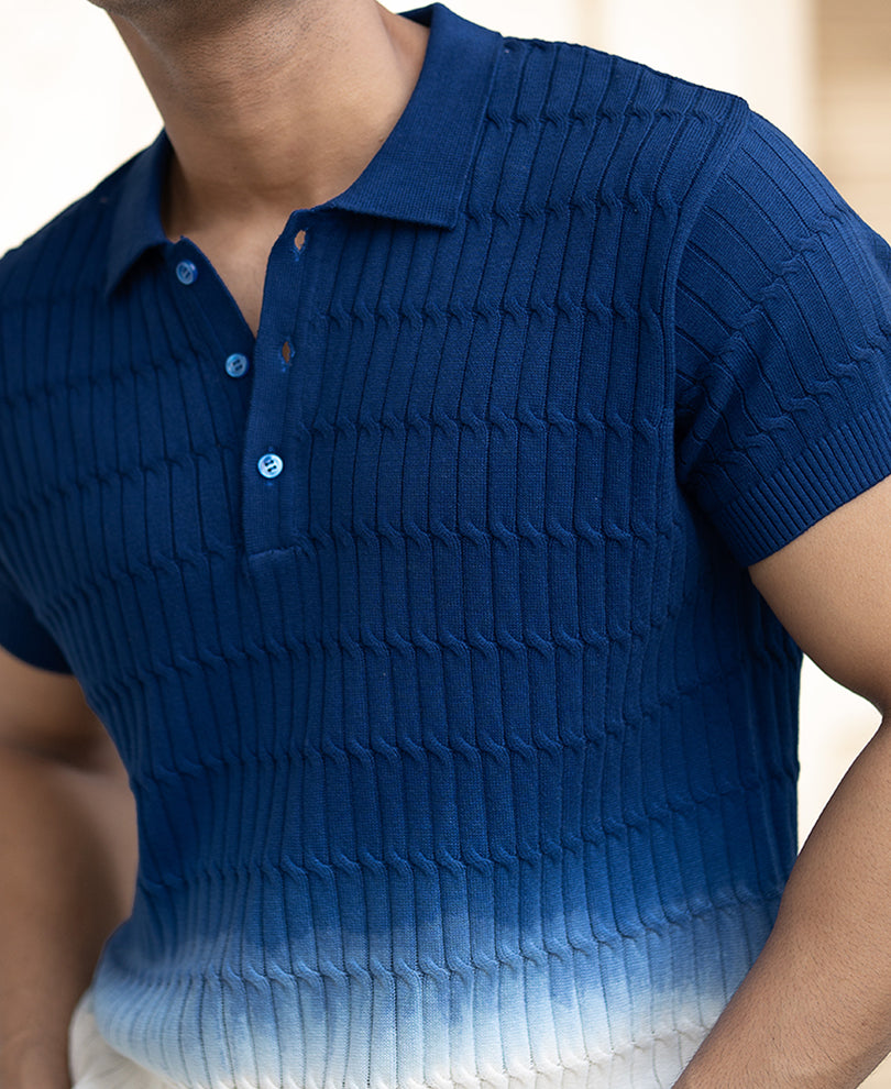 Blue Ombre Knit Polo T-Shirt