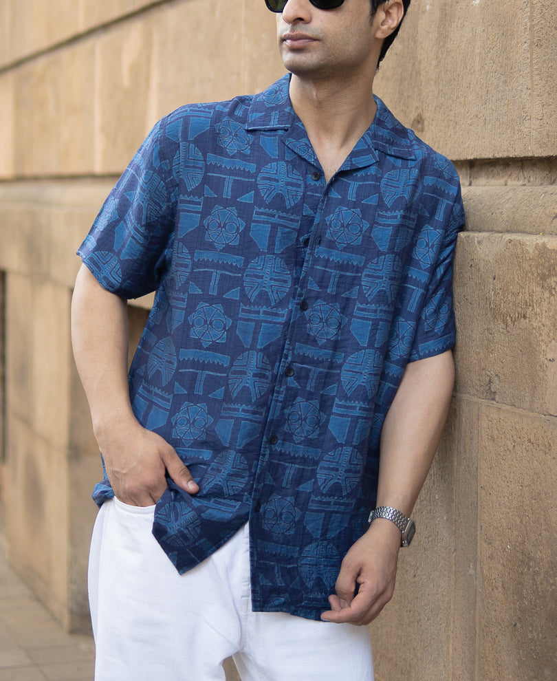 Blue Mask Print Flowy Shirt