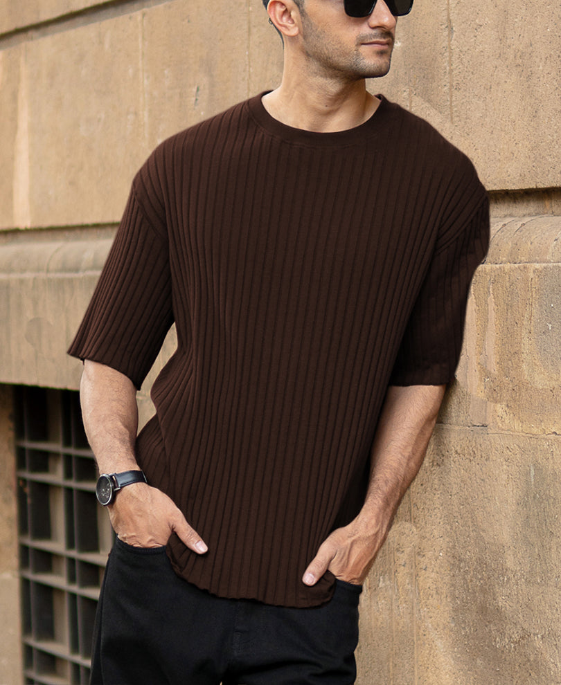 Dark Brown Rib Knit Oversized Half Sleeves T-Shirt