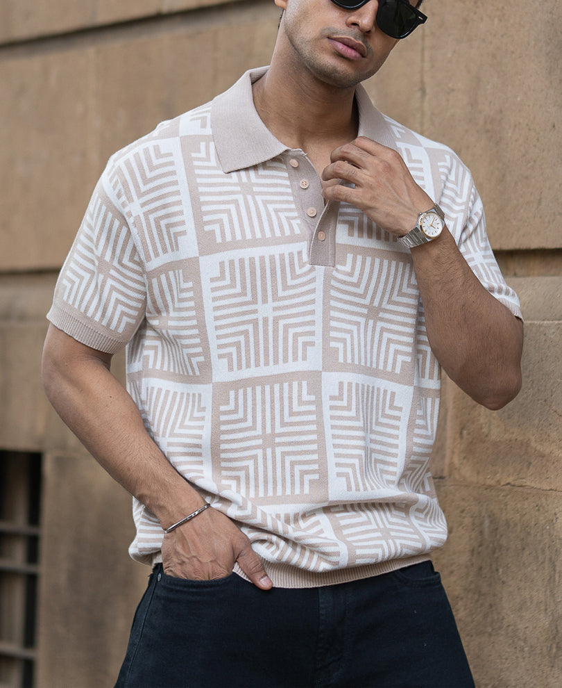 Beige Geometric Jacquard T-Shirt