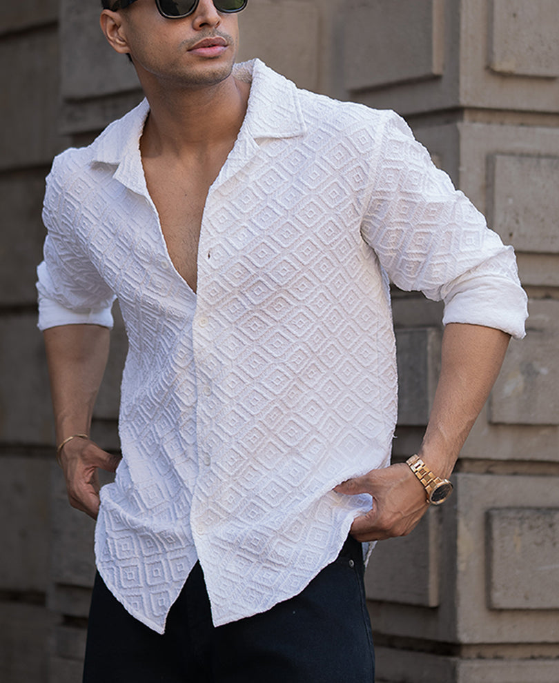 White Geometric Jacquard Shirt