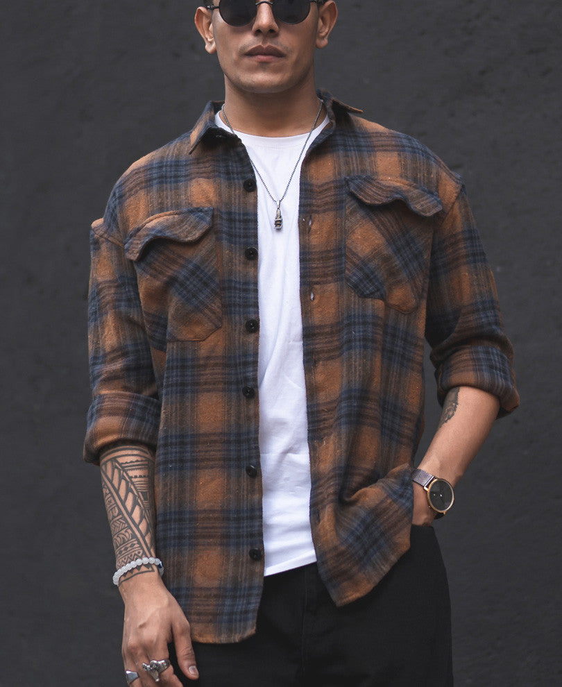 Brown Checks Shacket Oversize Drop Shoulder Shirt