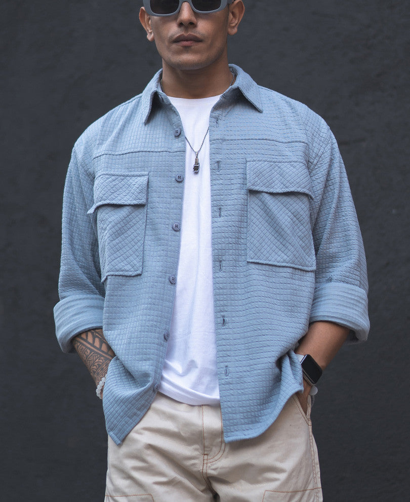 Sky Grey Structured Knit Shacket Oversized Shirt