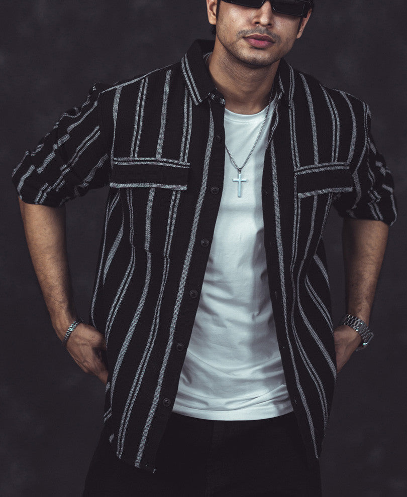 Black and White Vertical Striped Shacket Oversized Shirt