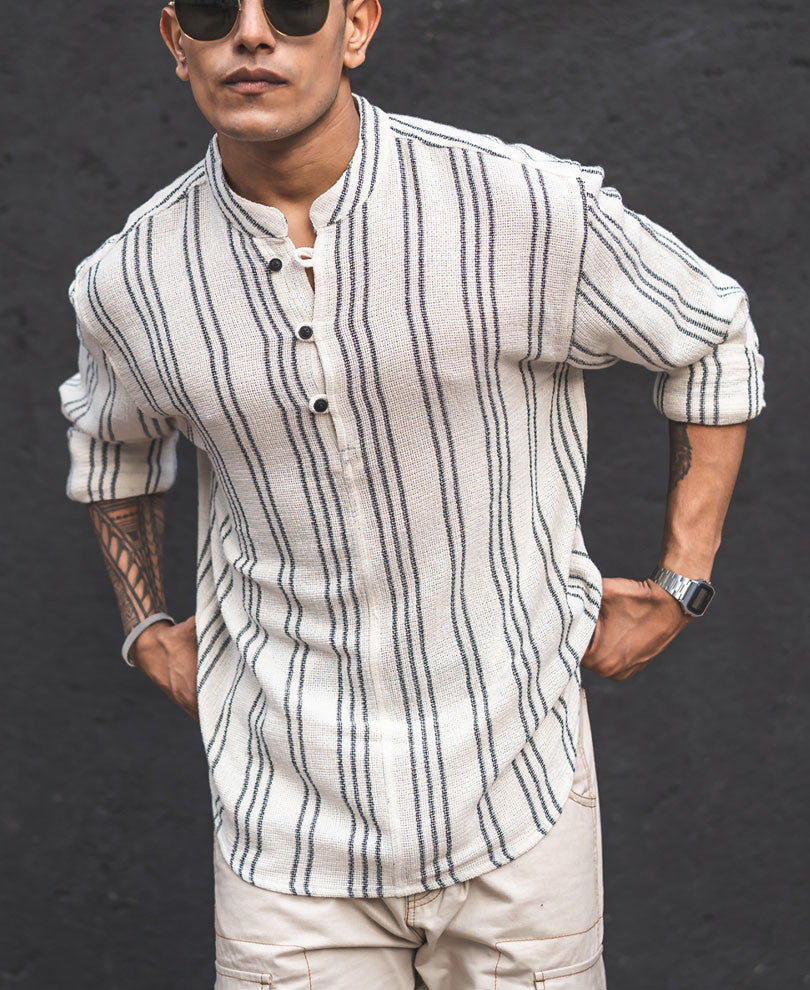Cream and Black Structured Striped Kurta Style Oversized Shirt