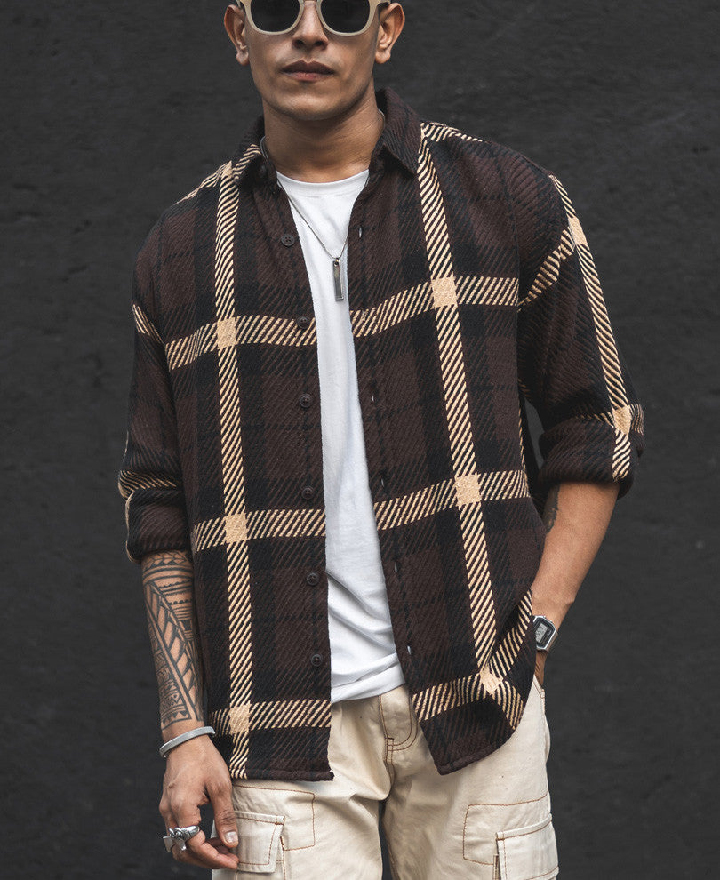 Dark Brown and Beige Flannel Checks Oversized Shirt