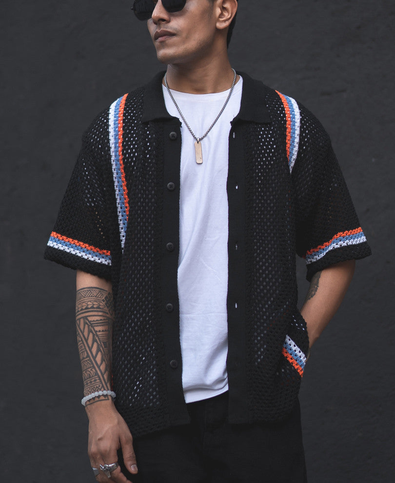 Black Crochet Knit Striped Oversized Shirt