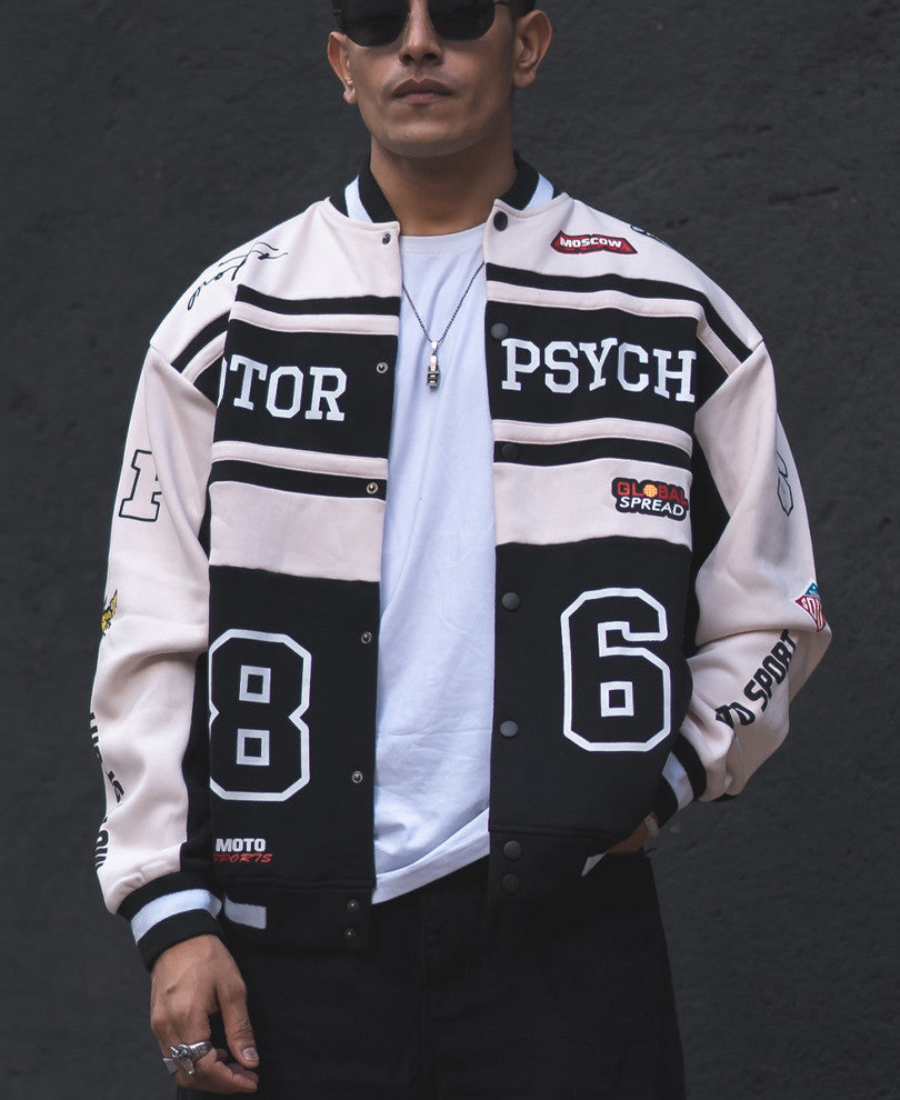 Beige and Black Motor Psycho Oversized Varsity Jacket