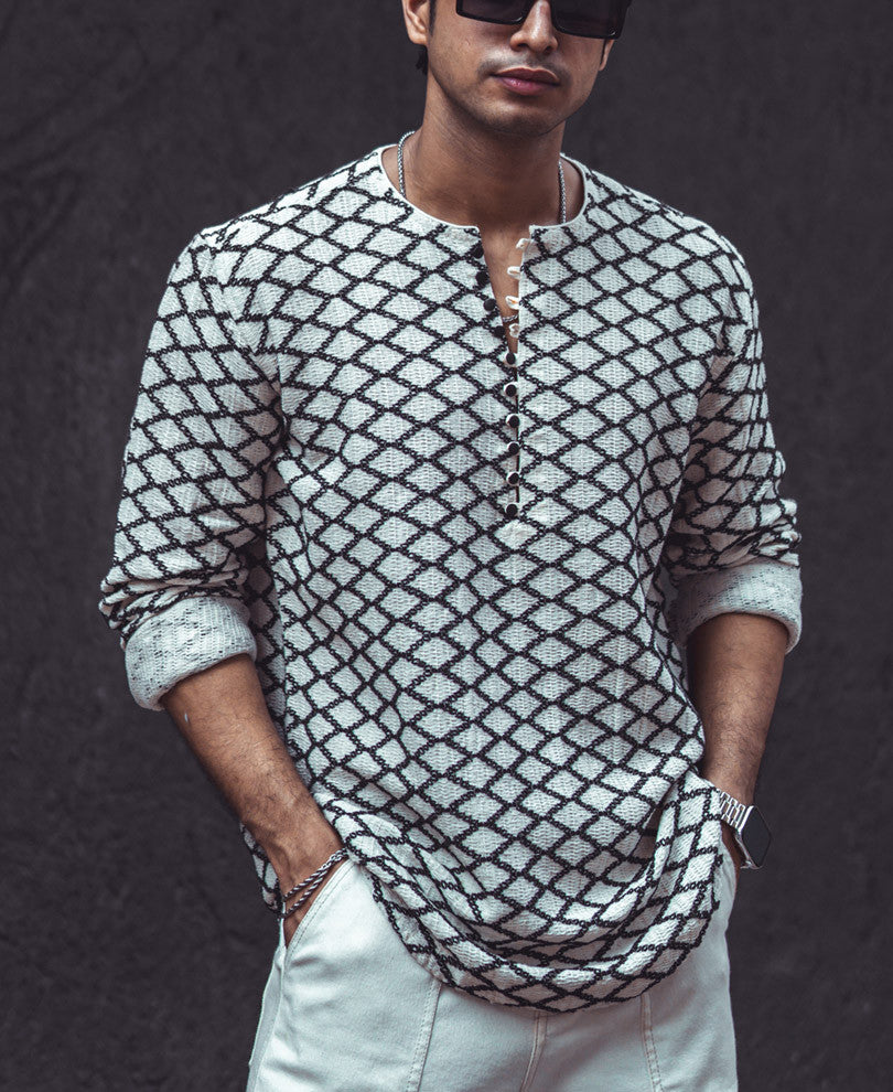 White Structured Rhombi Full Sleeves Kurta Style Shirt