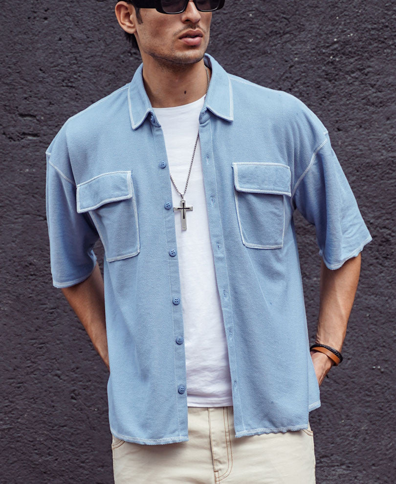 Sky Blue Contrast Stitch Knitted Shacket Oversize Drop Shoulder Shirt