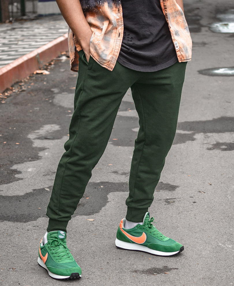Bottle Green Plain Ribbed Joggers