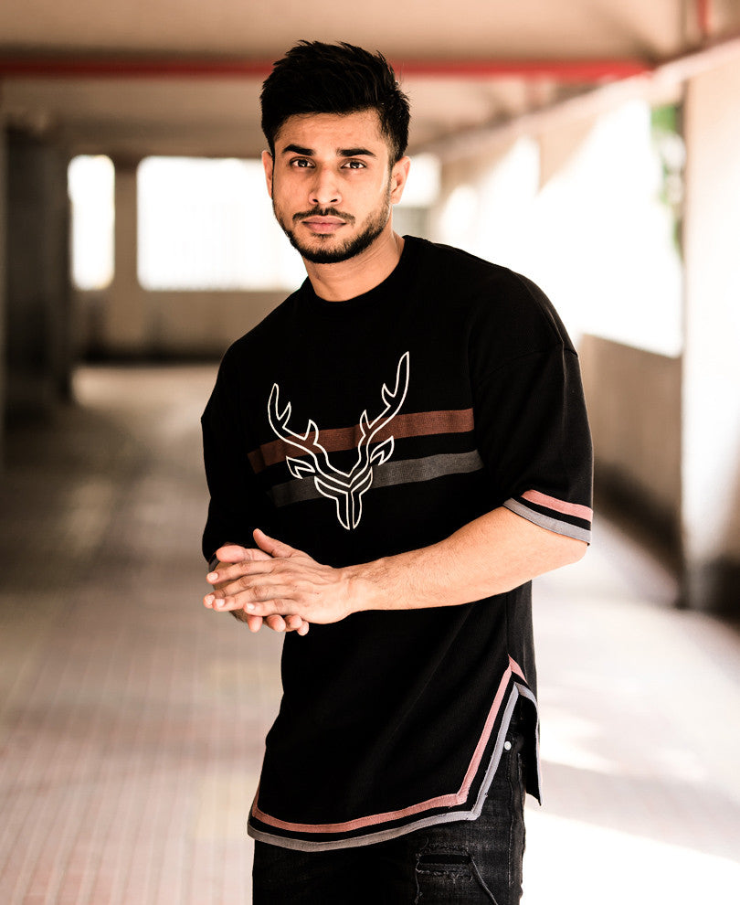 Black Deer Chest Stripe Oversize Drop Shoulder T Shirt