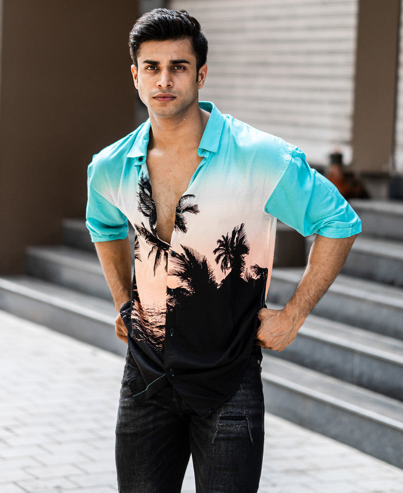 Mint Green And Black Hawaiian Oversize Drop Shoulder Shirt