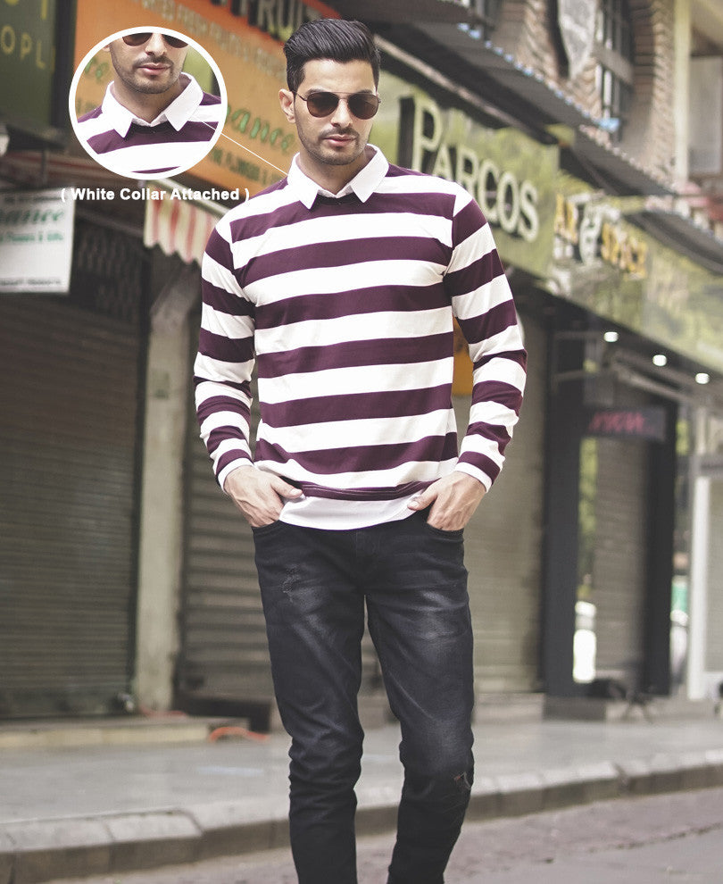 Maroon and White Collar Attached Full Sleeves T Shirt