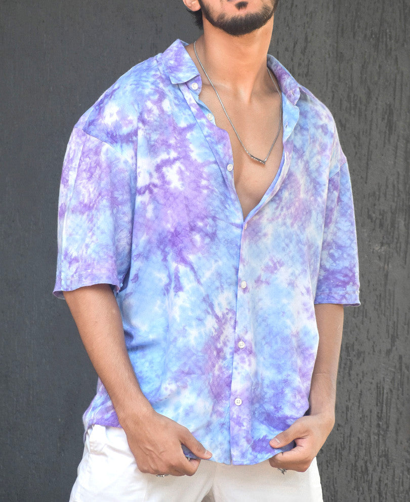 Purple Tie-Dye Print Oversize Drop Shoulder Shirt