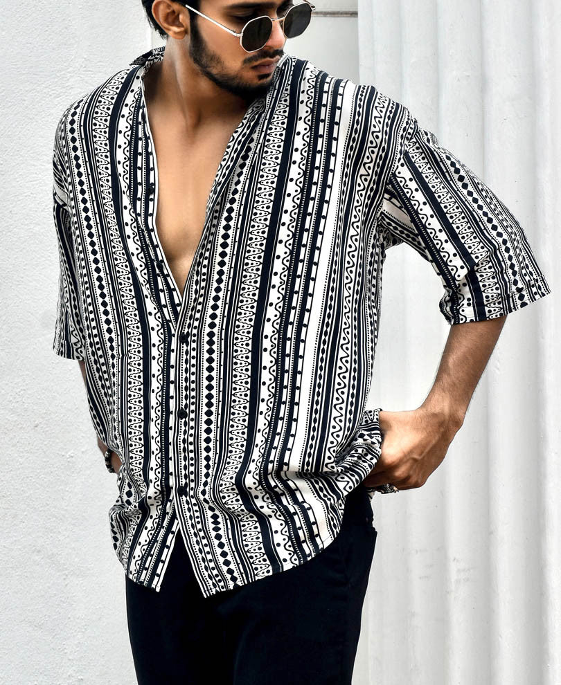 White Ethnic Print Oversize Drop Shoulder Shirt