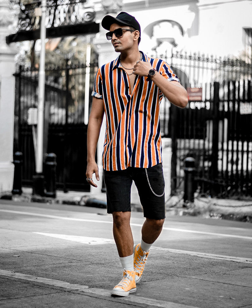Mustard And Navy Blue Stripes Print Half Sleeves Shirt
