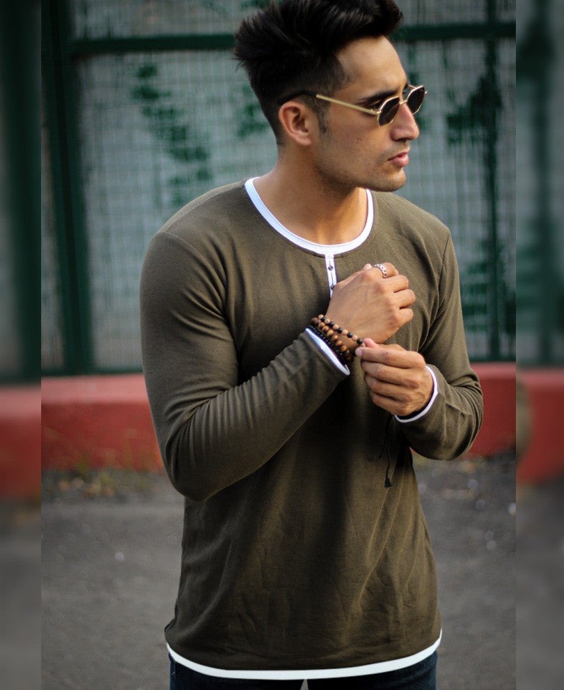Olive Green Basic Henley Full Sleeves T Shirt