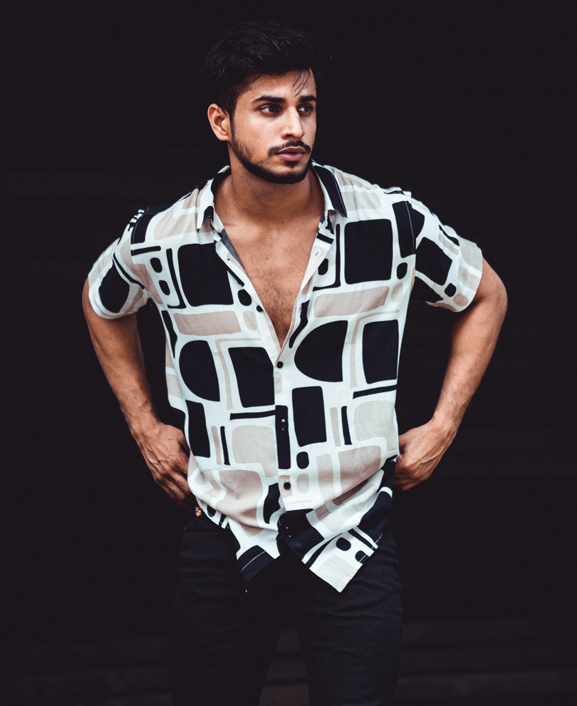 Black And Cream Icon Print Half Sleeves Shirt