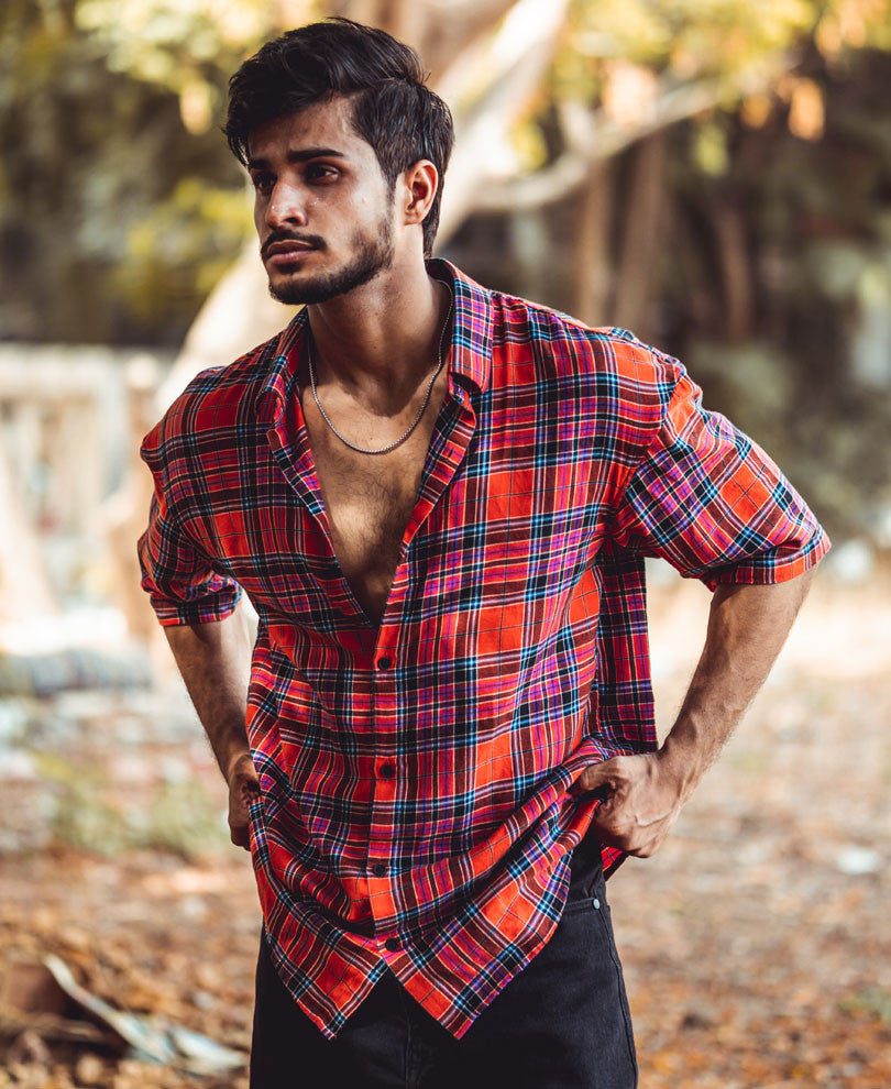 Red Checks Oversize Drop Shoulder Shirt