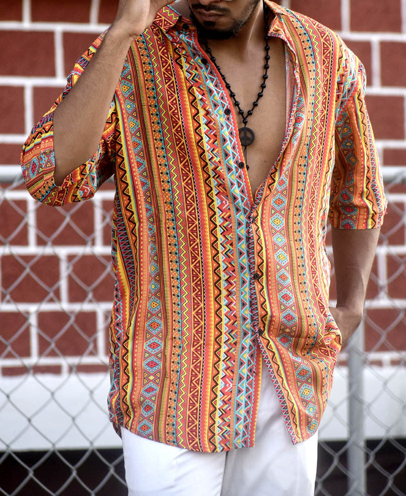 Orange Ethnic Print Oversize Drop Shoulder Shirt
